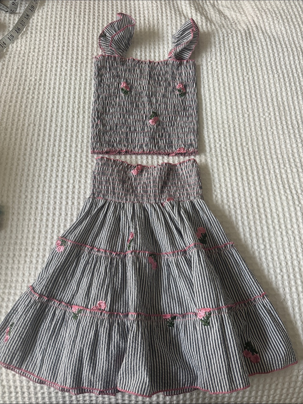 Little Mass Black & White Stripe Top and Skirt Set with Pink Rose Embroidery